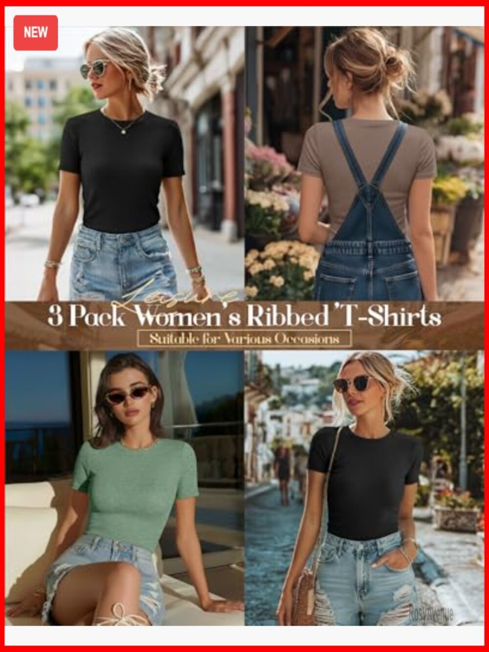 3 Pack Women's Ribbed T-Shirts Cotton Short Sleeve Crewneck Fitted Tops Casual - Picture 2 of 7